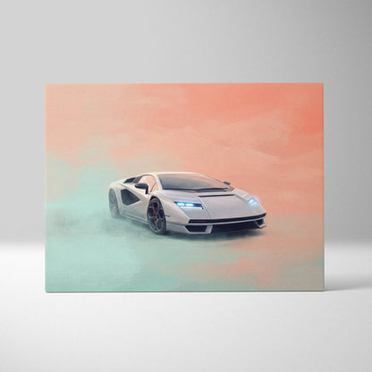 A sleek white Lamborghini Countach LPI 800-4 sports car with glowing blue headlights on a luxury canvas print wall art