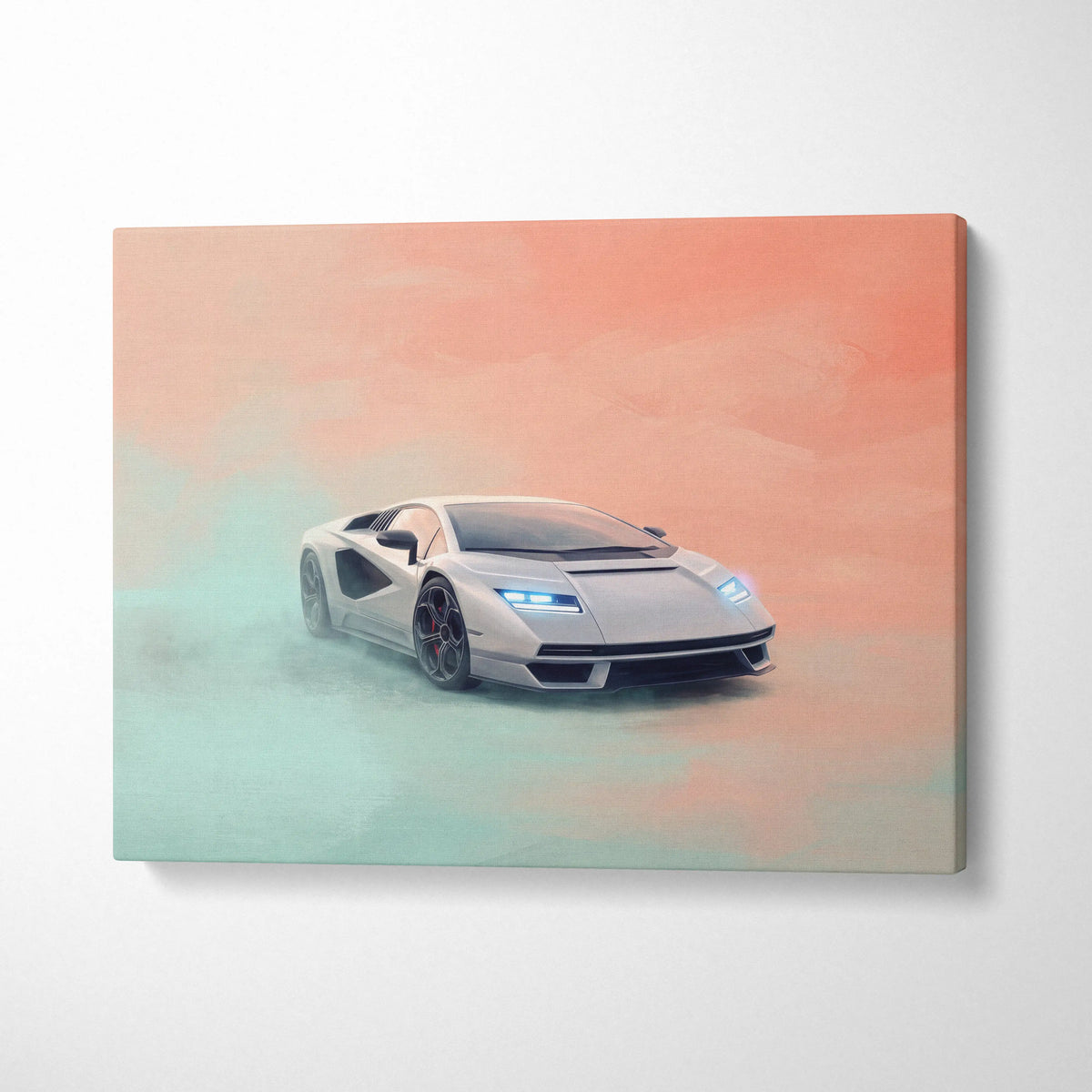 A sleek silver Lamborghini Countach LPI 800-4 inspired canvas print with glowing blue headlights on peach and mint background