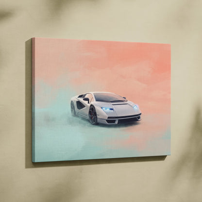 A sleek silver Lamborghini Countach LPI 800-4 inspired luxury supercar canvas print with a soft gradient background