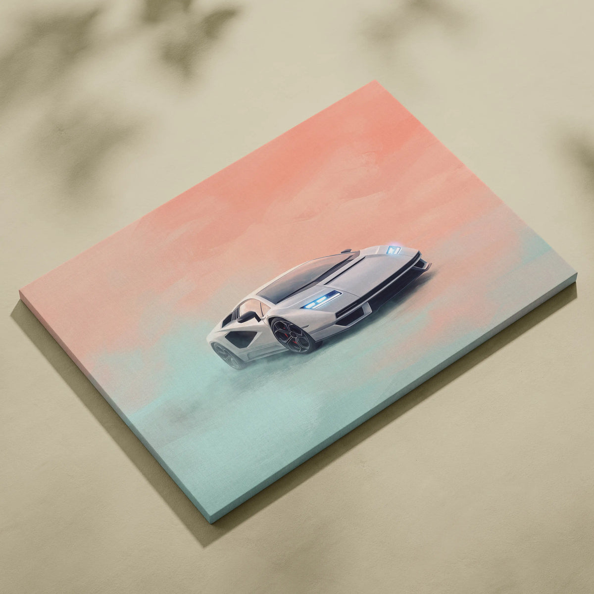 A sleek silver Lamborghini Countach LPI 800-4 luxury supercar canvas print with futuristic design on soft gradient background