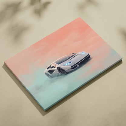 A sleek silver Lamborghini Countach LPI 800-4 luxury supercar canvas print with futuristic design on soft gradient background