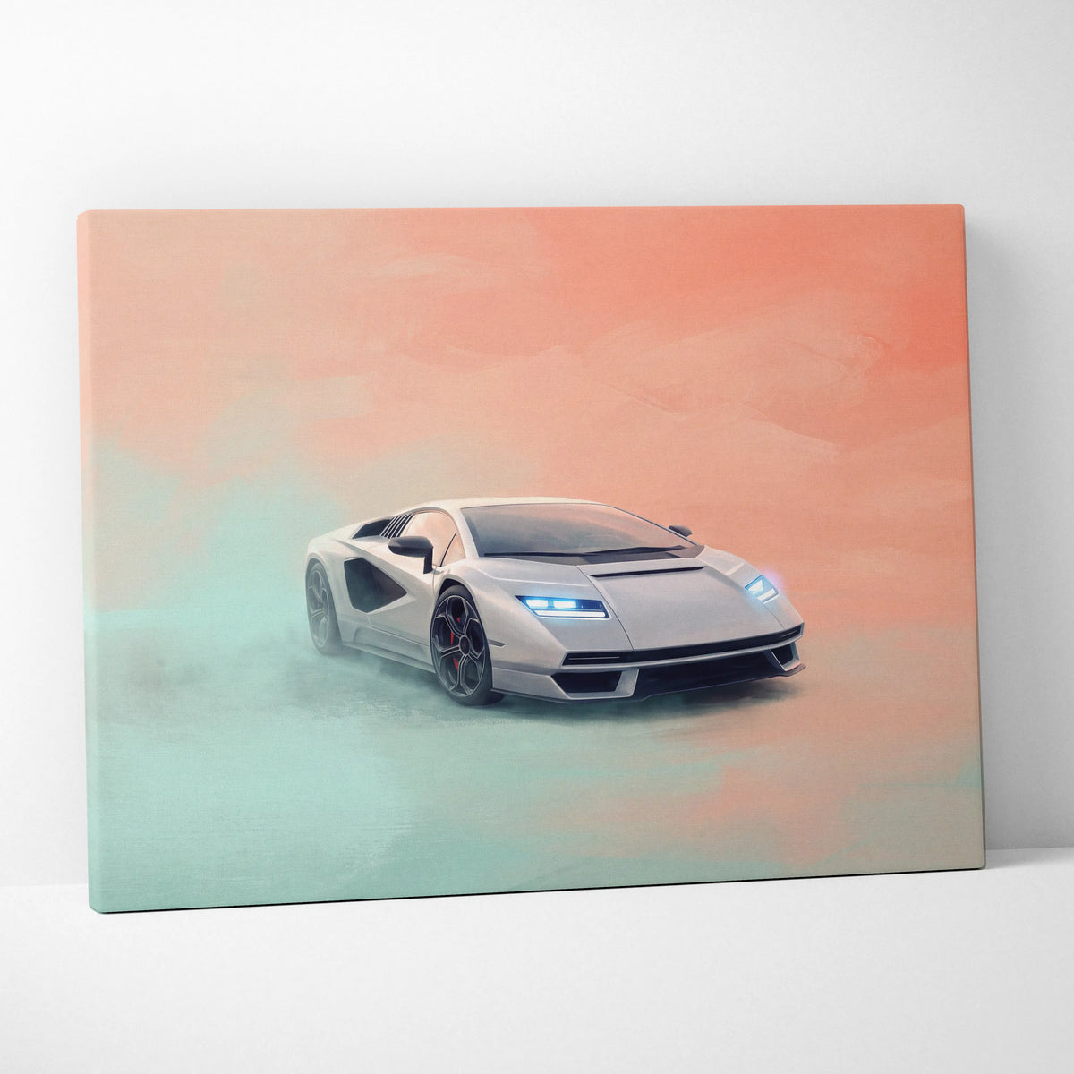 Lamborghini countach lpi 800-4 inspired luxury silver sports car canvas print with glowing blue headlights on orange teal background