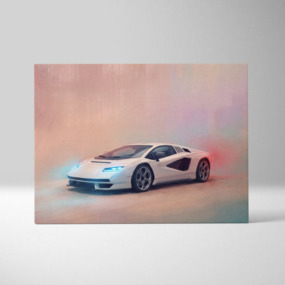White Lamborghini Countach LPI 800-4 inspired canvas painting print with glowing blue and red accents track edition wall art