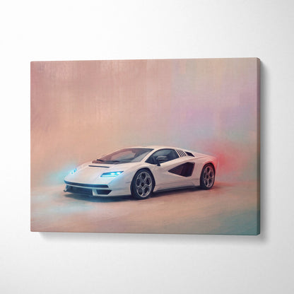 White Lamborghini Countach canvas print with glowing blue headlights and red taillight accents track edition wall art