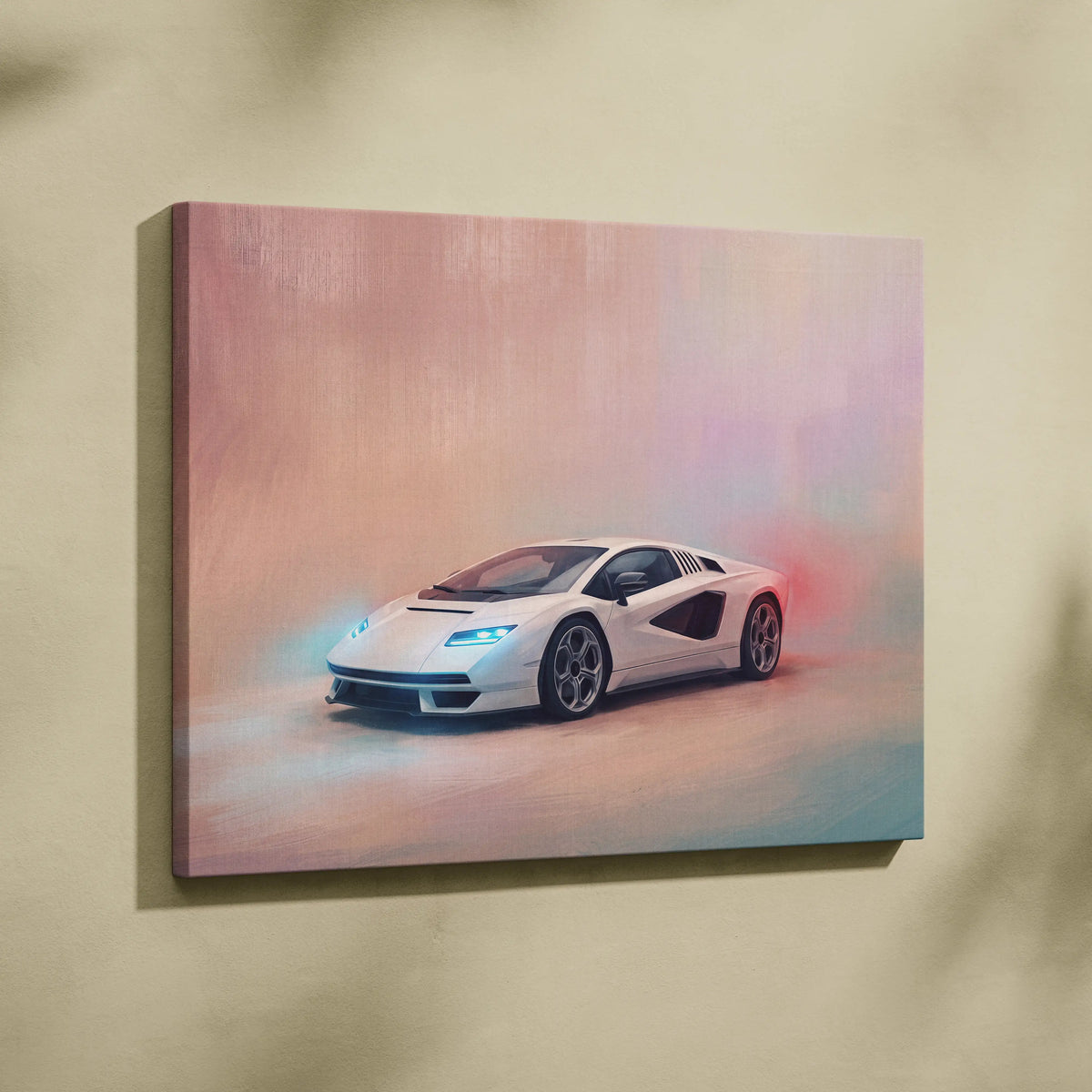 White lamborghini countach lpi 800-4 inspired sports car wall art canvas print with glowing blue headlights and red exhaust smoke