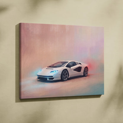 White lamborghini countach lpi 800-4 inspired sports car wall art canvas print with glowing blue headlights and red exhaust smoke
