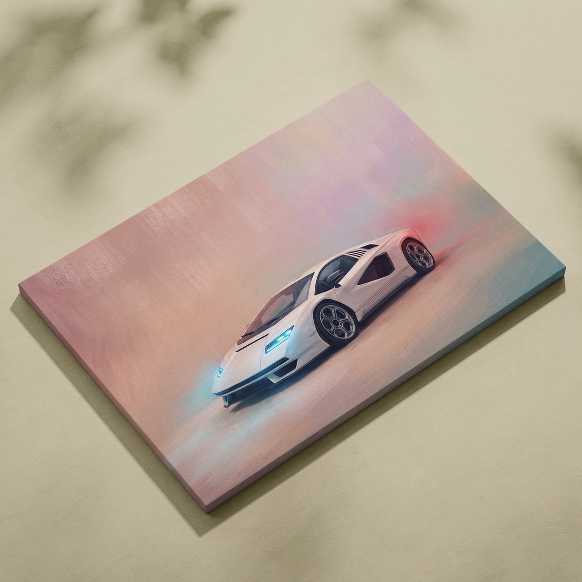 White futuristic sports car canvas print with glowing blue headlights and red exhaust trail inspired by Lamborghini Countach LPI 800-4