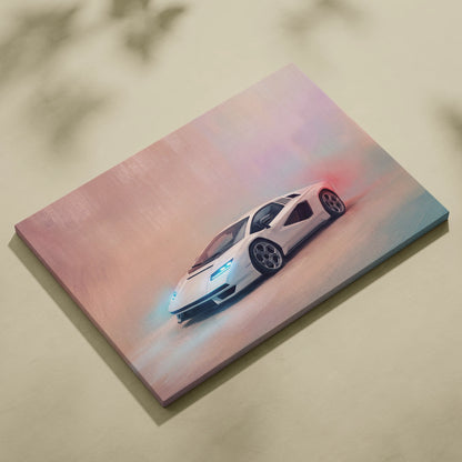 White futuristic sports car canvas print with glowing blue headlights and red exhaust trail inspired by Lamborghini Countach LPI 800-4