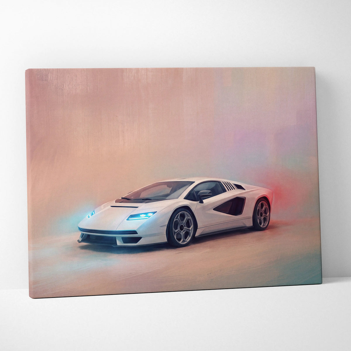White Lamborghini Countach LPI 800-4 inspired canvas print with sleek design and blue headlights wall art track edition