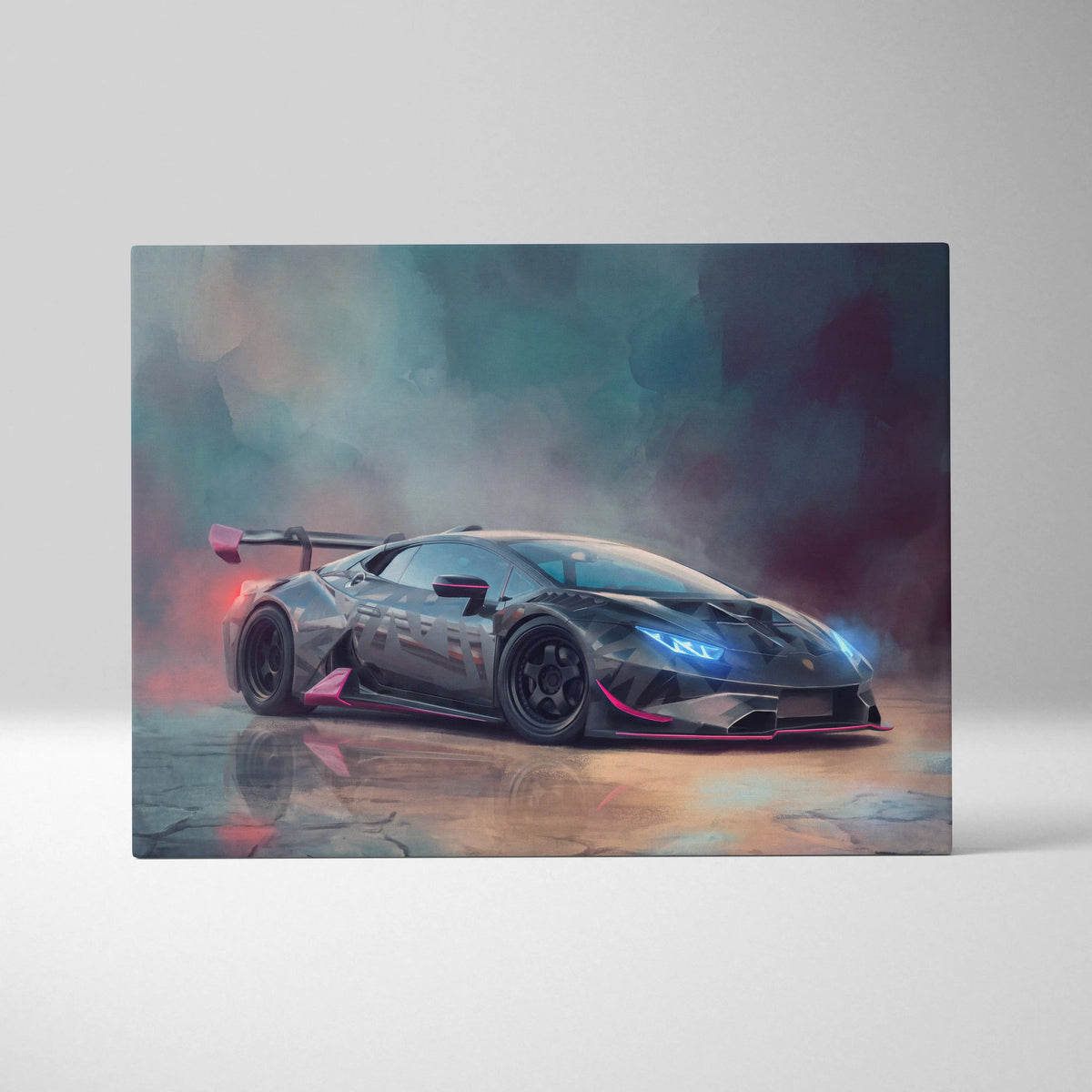 Lamborghini Huracán STO inspired canvas print featuring stylized matte black and pink race car with glowing blue headlights