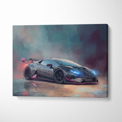 A sleek black and pink Lamborghini Huracán with glowing blue headlights on a dynamic racing canvas print