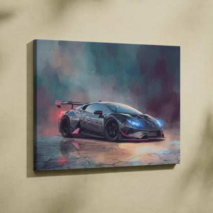 Black and pink lamborghini huracán sto inspired luxury supercar canvas print with glowing blue headlights wall art