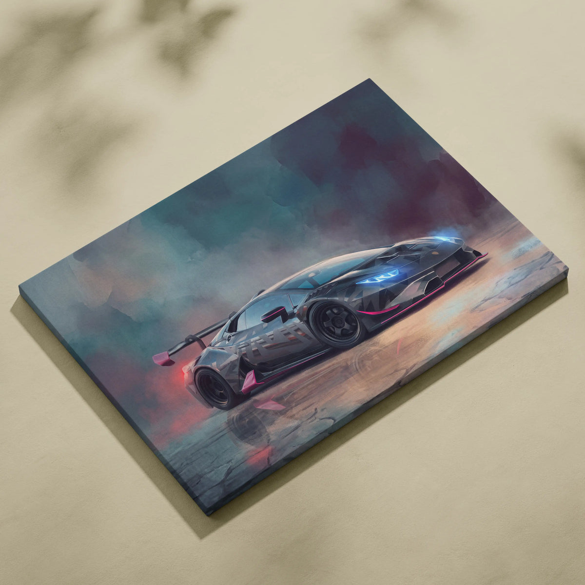 A sleek dark gray Lamborghini Huracán STO inspired canvas print with glowing blue and pink accents luxury wall art