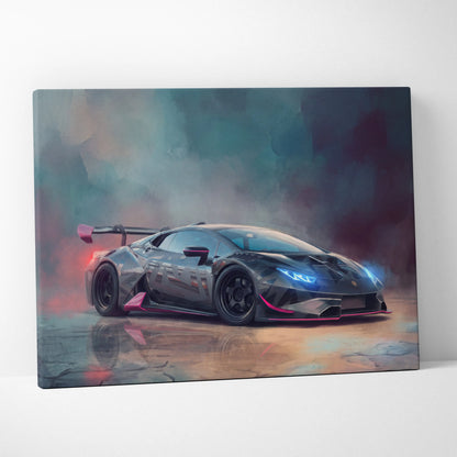 Black and pink Lamborghini Huracán STO inspired race car canvas print with glowing blue headlights for wall art