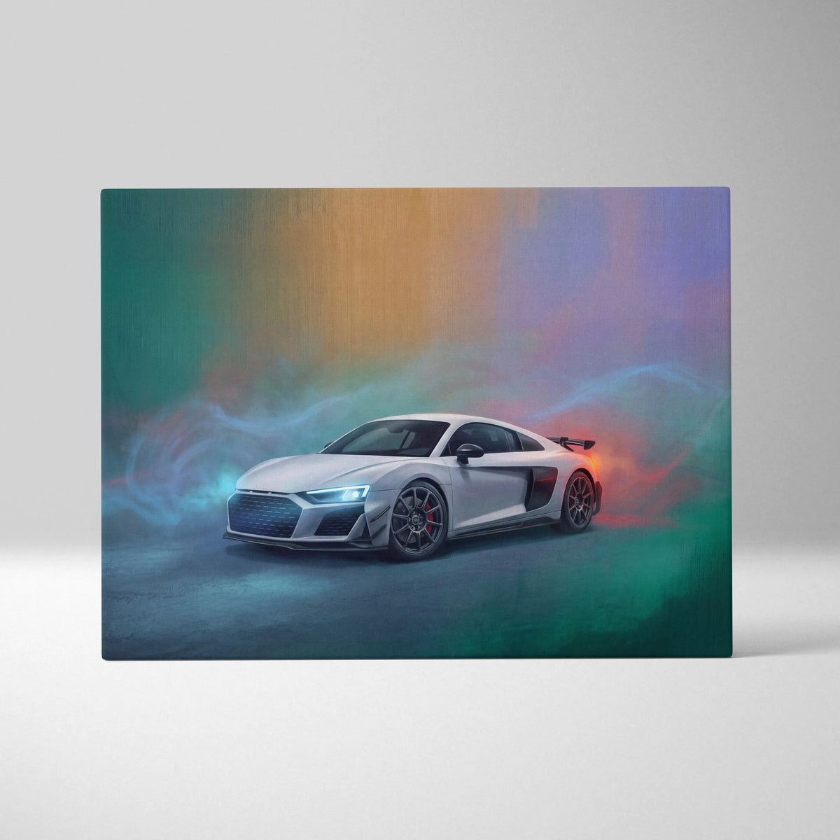 White audi r8 sports car in a colorful stylized artistic rendering on canvas wall art print inspired by audi r8 lms