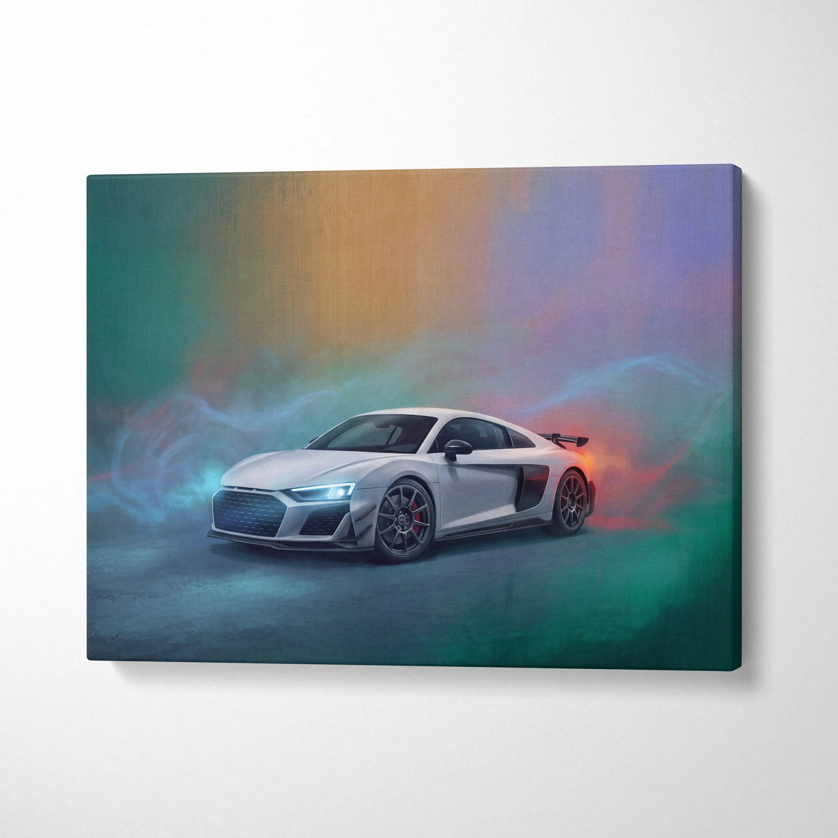 Silver Audi R8 LMS inspired supercar canvas art print with dynamic colorful smoky background for custom car wall decor