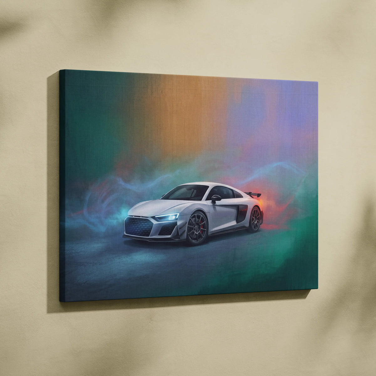 White audi r8 lms inspired supercar canvas art print with vibrant teal orange and purple abstract background