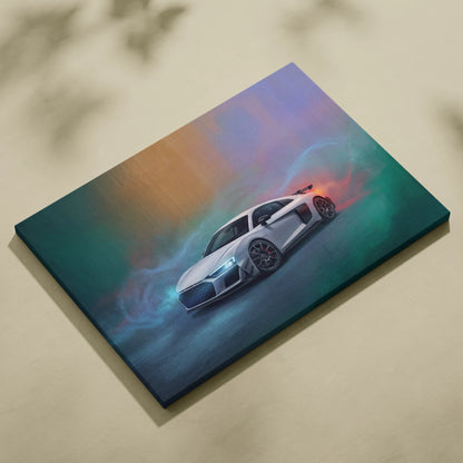 White Audi R8 LMS inspired supercar canvas art print featuring a vibrant rainbow swirl background for wall decor