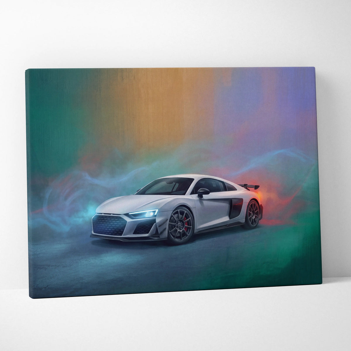 White Audi R8 LMS inspired supercar canvas art print with glowing headlights and vibrant smoky rainbow background
