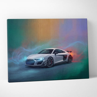 White Audi R8 LMS inspired supercar canvas art print with glowing headlights and vibrant smoky rainbow background