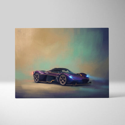 Aston Martin Valkyrie inspired supercar canvas art featuring a purple and black futuristic car with glowing blue headlights