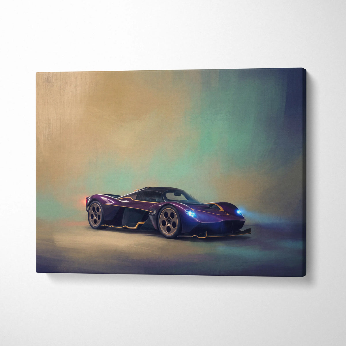 Aston Martin Valkyrie inspired supercar canvas art featuring vibrant purple and blue hypercar with glowing headlights