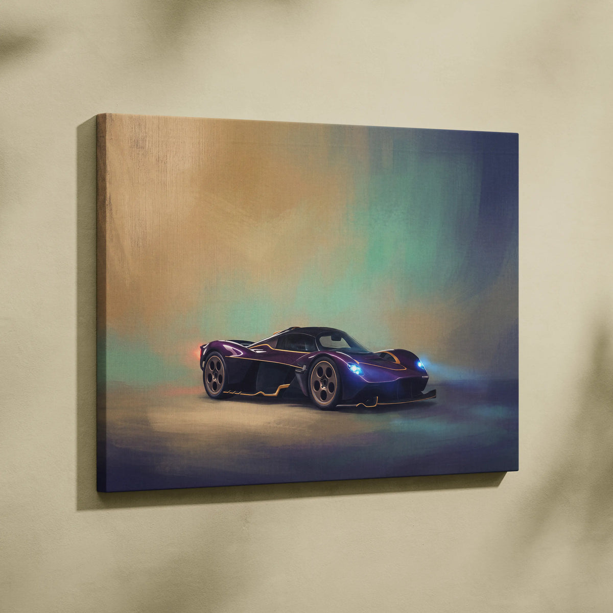 Aston Martin Valkyrie inspired supercar canvas art featuring a vibrant purple and blue hypercar with glowing headlights
