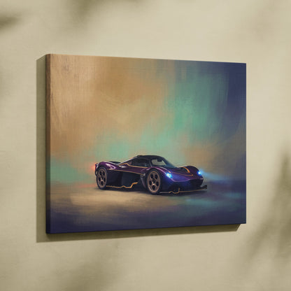 Aston Martin Valkyrie inspired supercar canvas art featuring a vibrant purple and blue hypercar with glowing headlights
