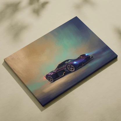 Aston martin valkyrie inspired supercar canvas art featuring a sleek dark purple and black futuristic sports car illustration