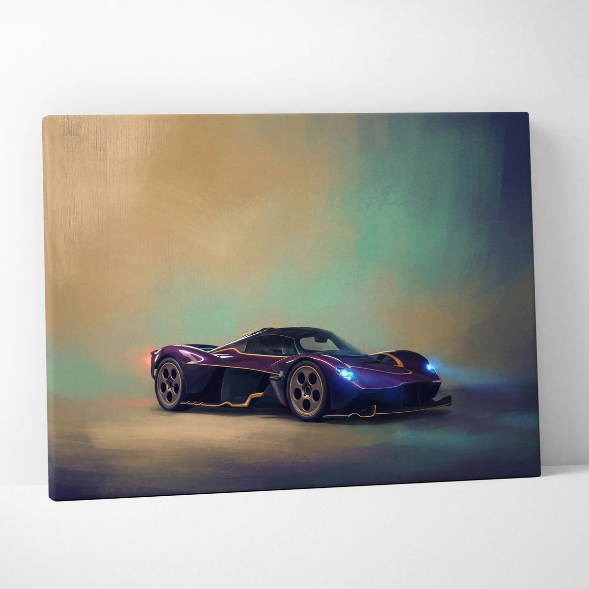 Aston Martin Valkyrie inspired supercar canvas art featuring a sleek purple and black sports car with glowing blue headlights