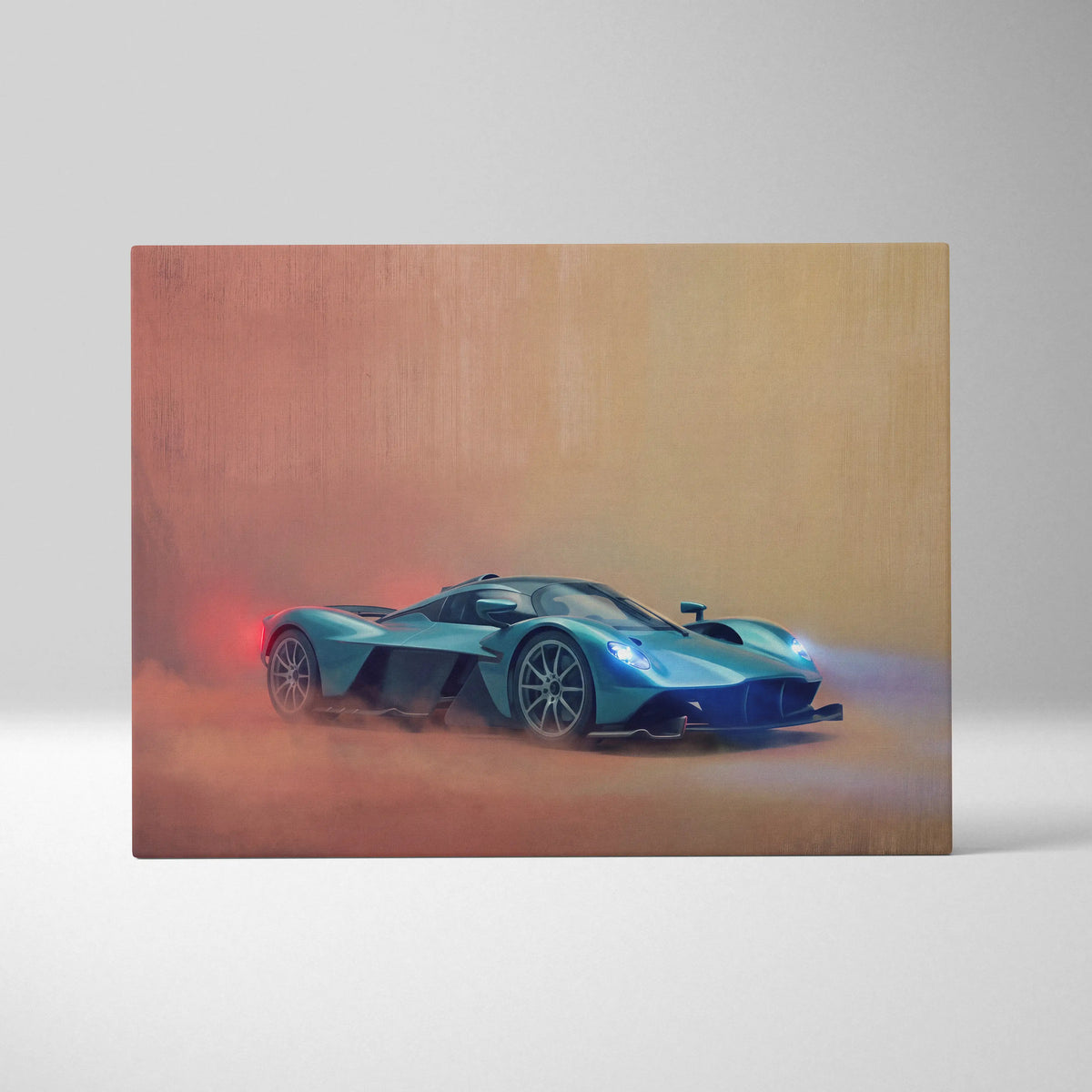 Aston Martin Valkyrie inspired teal hypercar wall art canvas print showing a dynamic drift pose with glowing lights