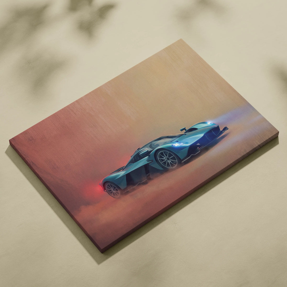 A vibrant teal Aston Martin Valkyrie inspired sports car wall art canvas painting with glowing lights on warm background