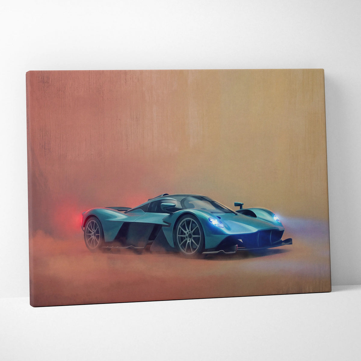 Aston Martin Valkyrie inspired teal sports car dynamic motion painting on canvas wall art print track edition