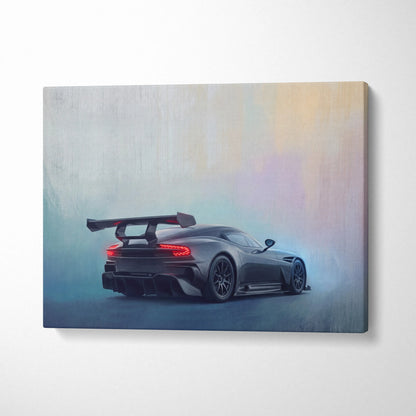 Black aston martin vantage gt3 race car canvas print with glowing red taillights and rear spoiler for wall decor