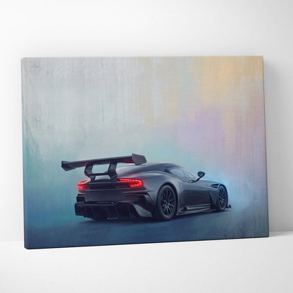 Aston Martin Vulcan inspired premium canvas art featuring a sleek matte black sports car with glowing red taillights