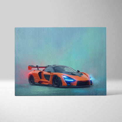 McLaren Senna inspired canvas art featuring a vibrant orange sports car with glowing blue headlights and red exhaust smoke