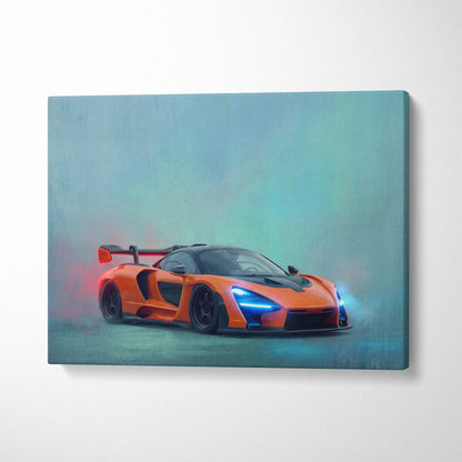 Vibrant orange mclaren senna canvas art with glowing blue headlights and sleek aerodynamic design for wall decor