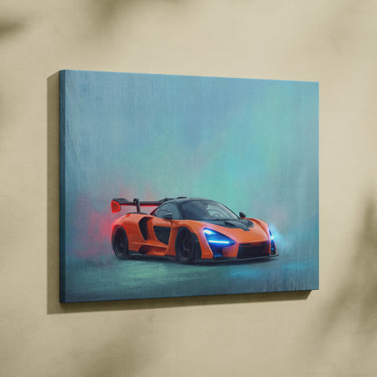 Orange McLaren Senna inspired canvas art with glowing blue headlights and red exhaust smoke on a teal background