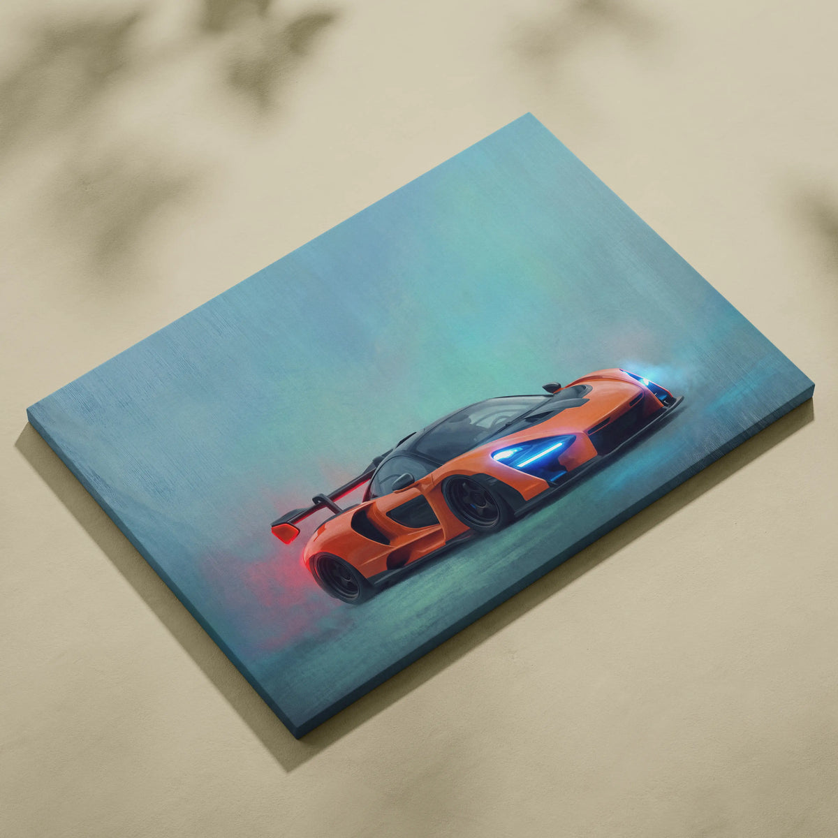 Vibrant orange mclaren senna inspired canvas art with glowing blue and red accents premium automotive wall decor