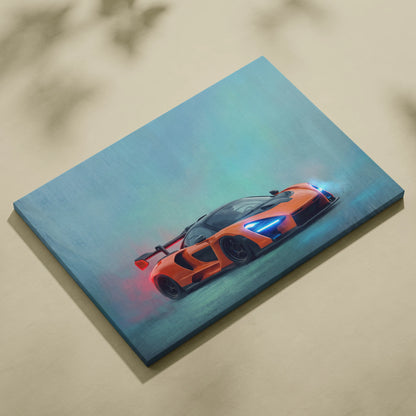 Vibrant orange mclaren senna inspired canvas art with glowing blue and red accents premium automotive wall decor