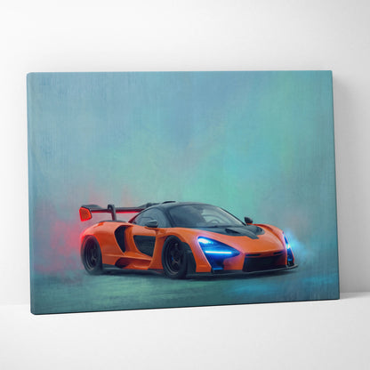 Mclaren senna inspired canvas art featuring a vibrant orange sports car with glowing blue headlights and black spoiler