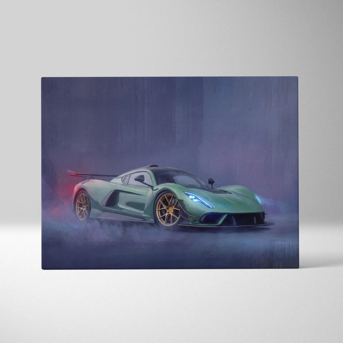 A sleek matte green hennessey venom f5 inspired automotive wall art with gold wheels and blue headlights on canvas