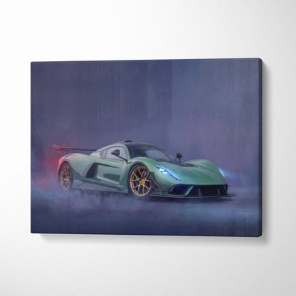 Hennessey venom f5 inspired automotive wall art featuring a matte green hypercar with glowing blue headlights and gold wheels