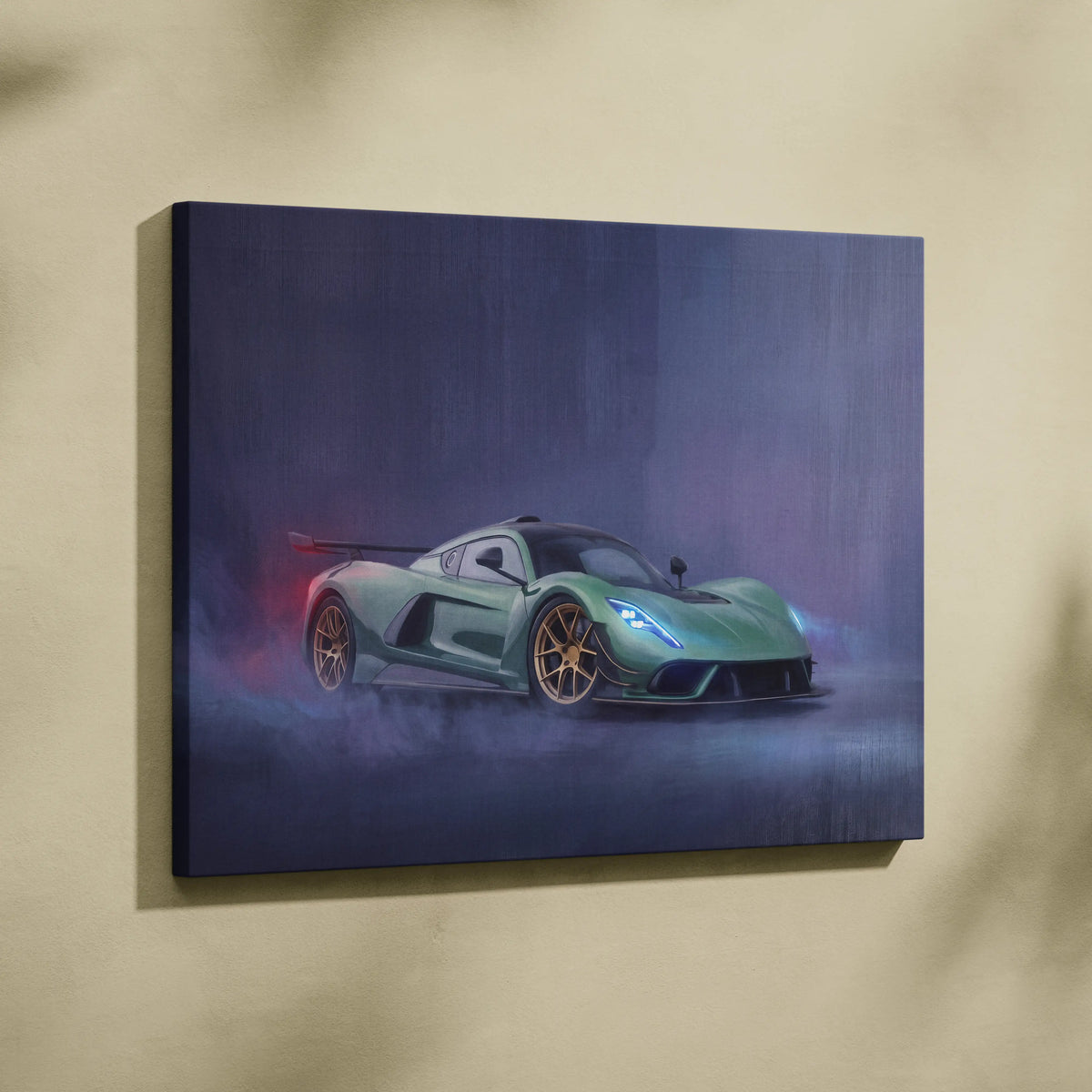Hennessey Venom F5 inspired green matte finish sports car canvas print with glowing blue headlights and gold rims