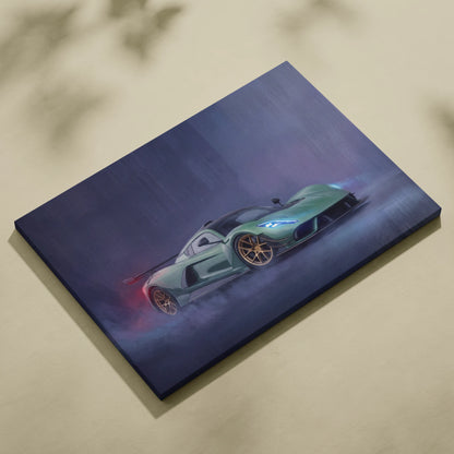 Hennessey Venom F5 inspired luxury supercar canvas print featuring a matte green sports car with gold rims in motion