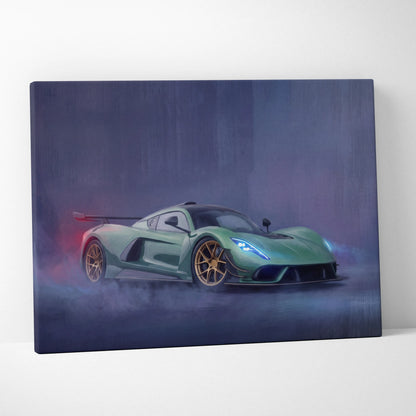 Hennessey venom f5 inspired automotive wall art featuring a matte green hypercar with gold wheels and blue headlights on canvas