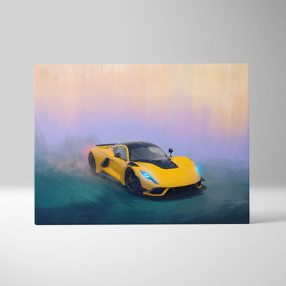 Hennessey Venom F5 inspired supercar canvas art featuring a vibrant yellow sports car with glowing blue headlights and black accents