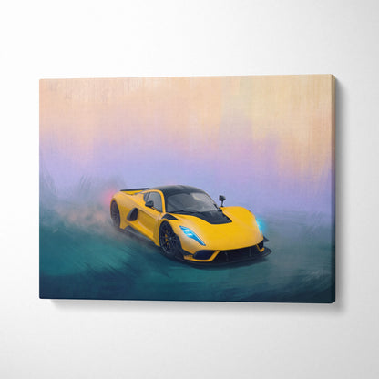 Vibrant yellow and black Hennessey Venom F5 inspired supercar painting on canvas custom wall art print