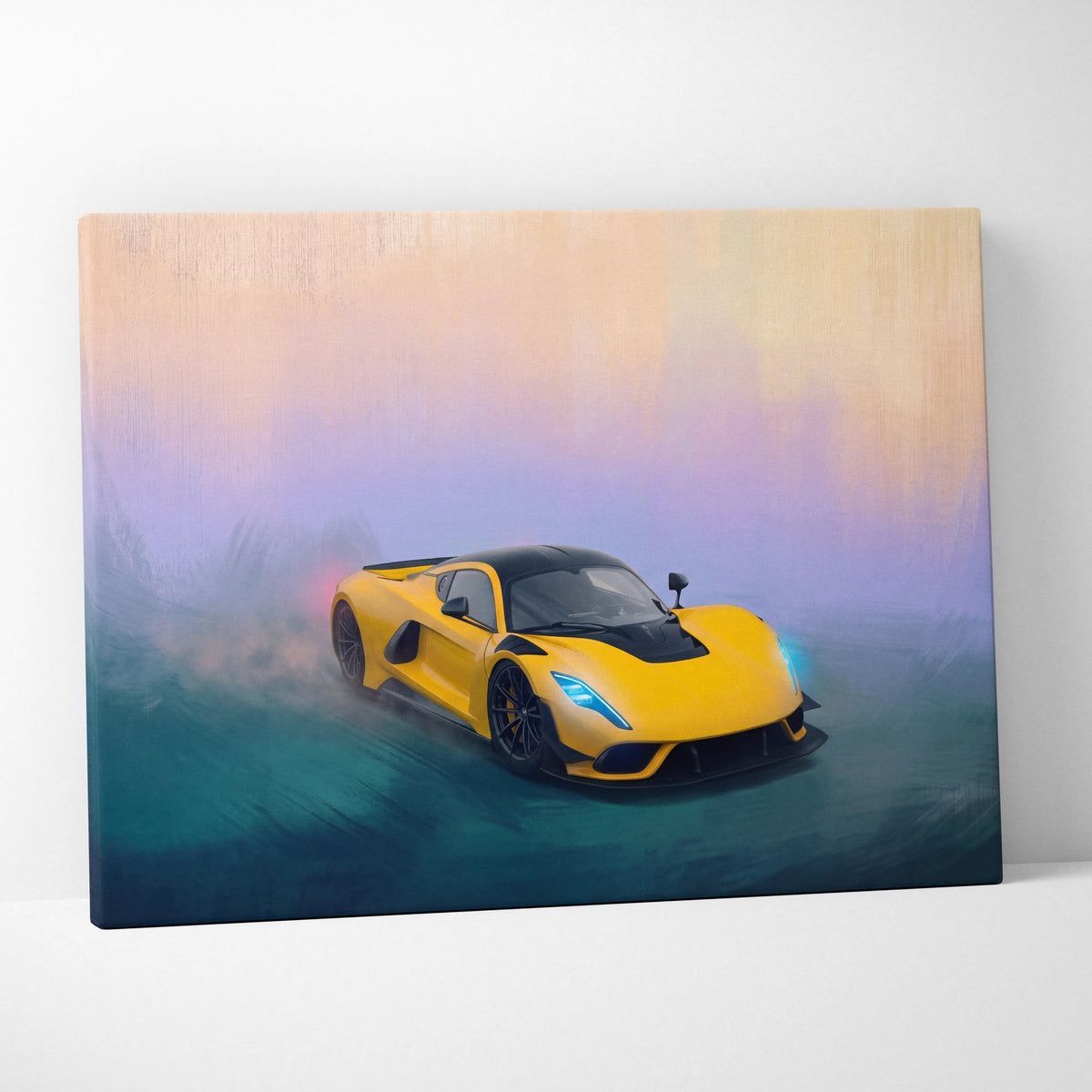 Vibrant yellow Hennessey Venom F5 inspired supercar canvas art with black accents and glowing blue headlights in motion