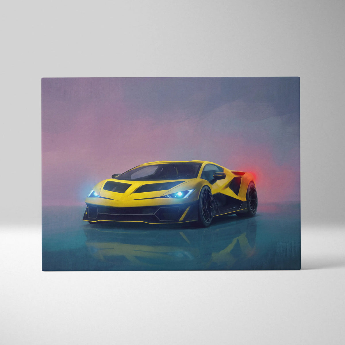 Lamborghini Fenomeno inspired canvas art featuring vibrant yellow and black sports car with glowing blue headlights premium wall decor